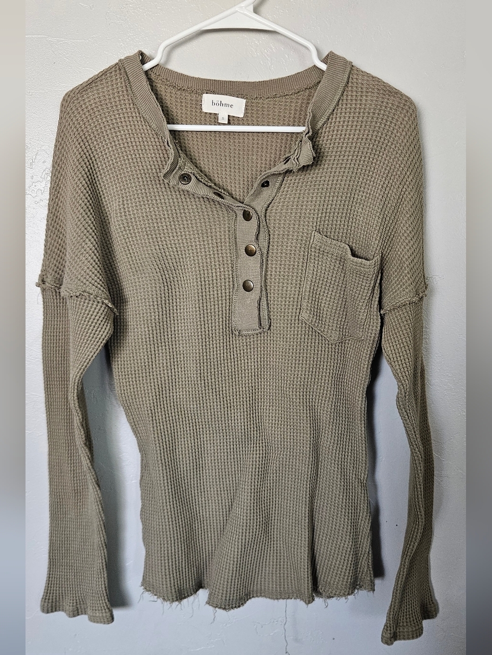 Olive Green Waffle Henley Top Long Sleeve Bohme Small Casual Layering Utility